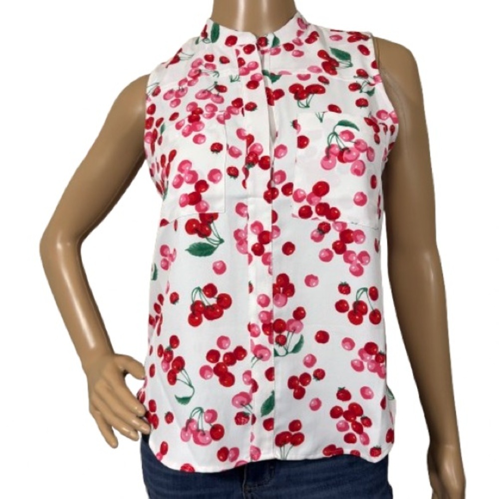 Ann Taylor Red Pink Cherry Print Sleeveless Top Size XSP